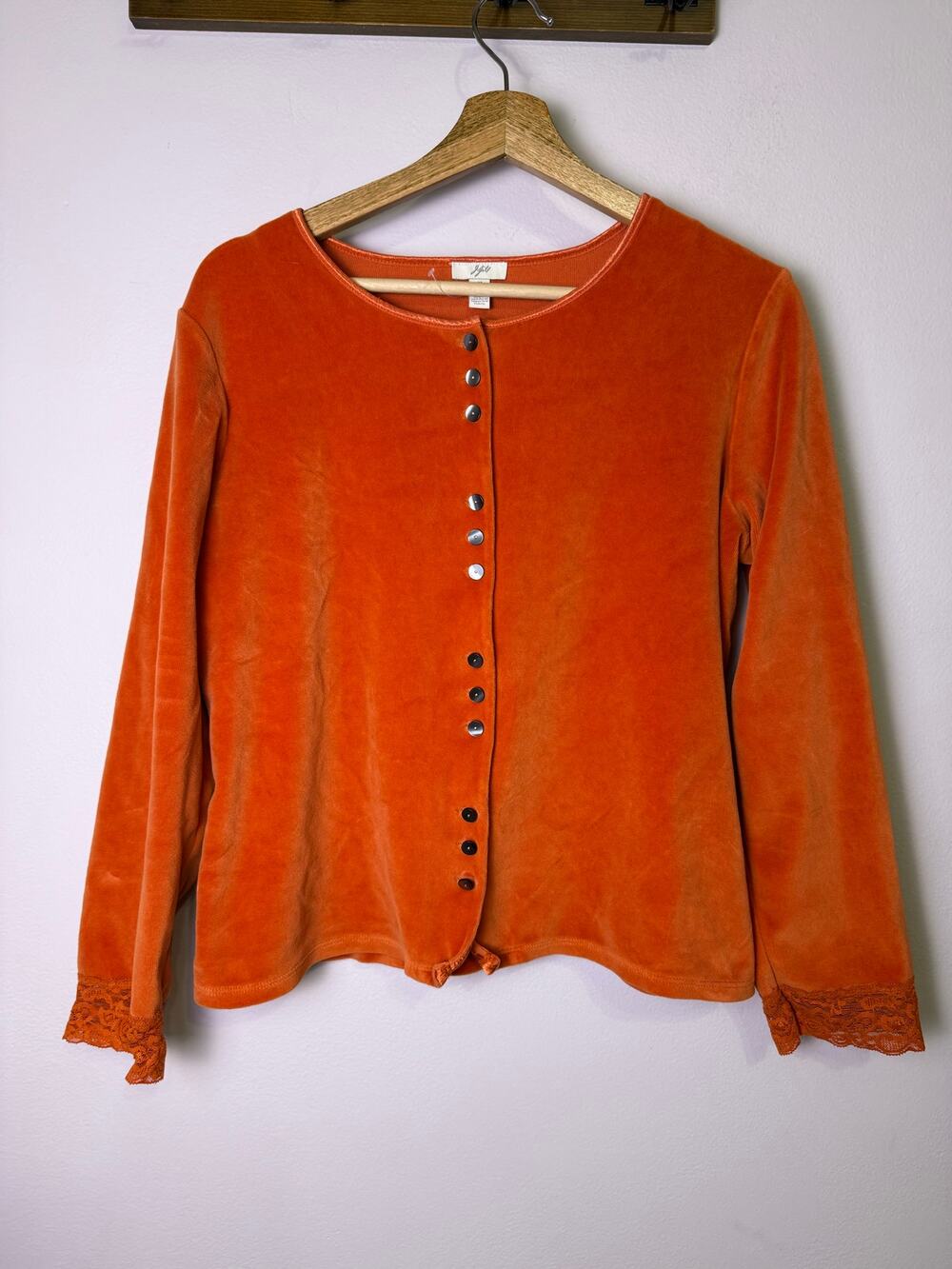 J. Jill Burnt Orange Velour Button Front Top Lace Cuffs Long Sleeve M